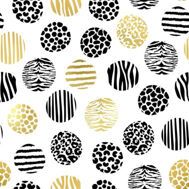 El yapımı altın ve siyah hayvan desenli daireler, kusursuz desenler. Vektör doğa altın karalama baskı arka planı. Soyut leopar benekleri, kaplan çizgileri, zebra dokusu, zürafa desenli sanat öğesi..