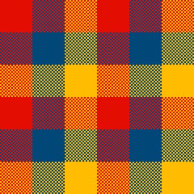 Autumn Lumberjack Seamless Pattern. Vector Orange, Yellow, Blue and Red Buffalo Checkered Plaid textured background. Traditional Fall fabric print. Flannel plaid texture for fashion, print, design.