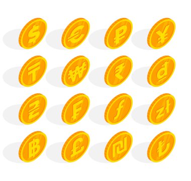 Isometric gold coins icon with world currency signs. 3d Euro currency, dollar, pound, franc, ruble, yen, rupee, yuan, won, lira and other coins. Vector money symbols set for web, apps, design.