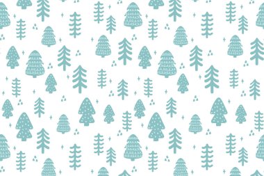 Noel ağacı desenli yatay beyaz arka plan. Kış ormanı İskandinav el izi. Duvar kağıdı, dekor ve arkaplan için köknar ağacıyla vektör yeni yıl ve tatil yeşil dokusu.