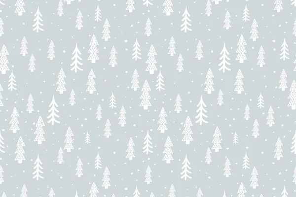 圣诞树图案水平背景 冬季森林丑闻由鸟类手绘 矢量新年和假日灰色纹理与冷杉树墙纸 — 图库矢量图片