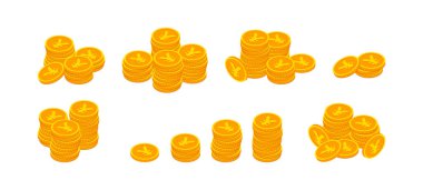 Vektör Isometric altın sikkeler ve Yen işareti yığını. Beyaz üzerine izole edilmiş 3D altın para nakit para sembolü koleksiyonu. Japonya 'nın bankacılık para birimi, iş dünyası, web, uygulama, bilgi grafikleri için finansal konsept
