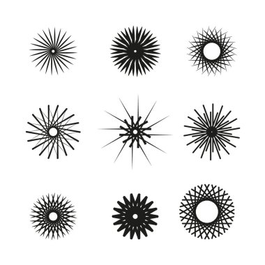 Güneş halesi desenleri, güneş tacı, kar taneleri, yıldız parıltısı. Siyah beyaz tasarım için vektör illüstrasyonu.