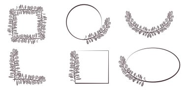 Şatafatlı bir çerçeve, köşe kenarlar. Çerçeveler, köşeler elle çizilmiş, dallarla süslenmiş, yapraklar karalama tarzında. Tasarım için vektör illüstrasyonu.