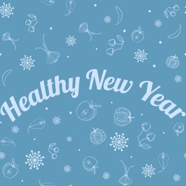 Sebze, meyve ve kar tanelerinin arka planında Sağlıklı Yeni Yıl metni. Sağlıklı yiyecekler, vejetaryenler ve yeni yıl için mavi geçmişi olan vejetaryenler için vektör illüstrasyonu.