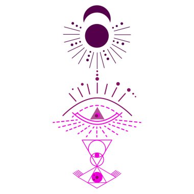 Üçüncü gözün açılmasının farklı görüntüleri, ezoterikteki ruhun sembolü. Sihirli seansın gösterimi, geleceğe bakmak, evrenle bağlantı kurmak. Tarot kartları, gruplar, web sayfası için vektör çizimi