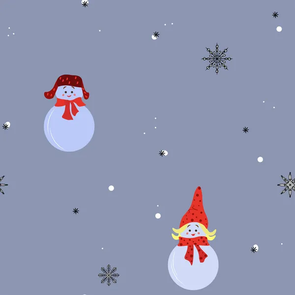 Muñecos Nieve Navidad Copos Nieve Decoración Nieve Patrón Sin Costuras — Vector de stock