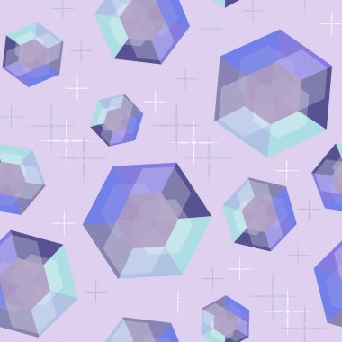 Düşen, uçan kristallerin soyut çizimi, yıldızlar arasında sihirli taşlar. Tarot kartları, ezoterik oturumlar, tekstil, ambalaj için kusursuz vektör deseni.