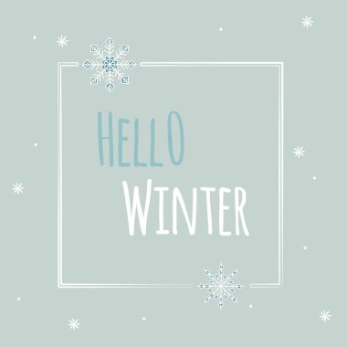 Güzel bir Noel çerçevesi çizimi, kar taneleri, açık renkli Hello Winter harfleri. Satış tasarımı için vektör illüstrasyonu, afiş.