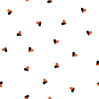 Küçük kalpleri olan romantik bir düzen. Grafik şeklinde kalp yarımları konfeti gibi siyah ve kırmızı çiziyor. Sevgililer Günü için kusursuz vektör arkaplanı, düğün, doğum günü, kart tasarımı, tekstil.