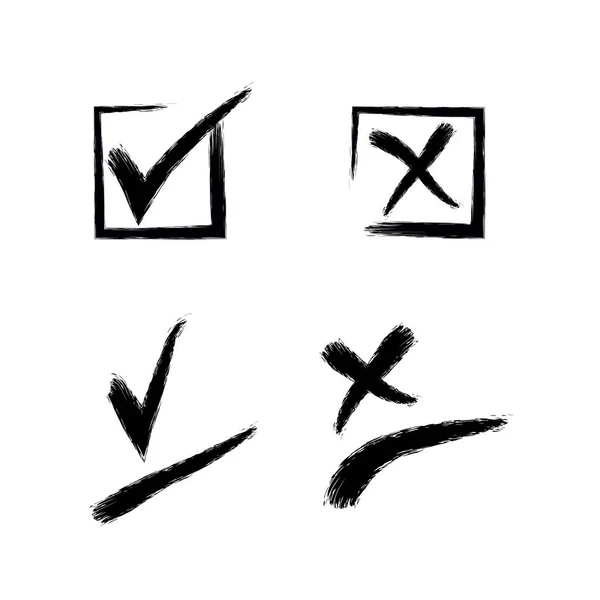 チェックマークのセットと円形 正方形のシンボルでクロス 投票はい いいえ 白地に黒で手描きのグランジ水彩画 アンケート設計のためのベクトル図 ロイヤリティフリーストックベクター