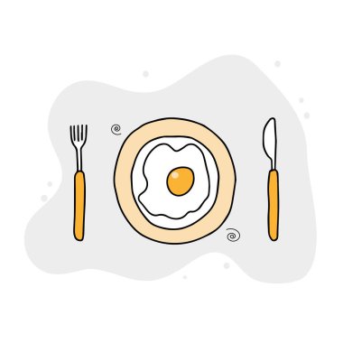 Elle hazırlanmış kahvaltı servisi. Yumurtayla, bıçakla ve çatalla kaplanmış tabaklar dekorla tek renkli renklere boyanır. Web sitesi tasarımı için vektör illüstrasyonu, hikayeler, menüler, kafeler.