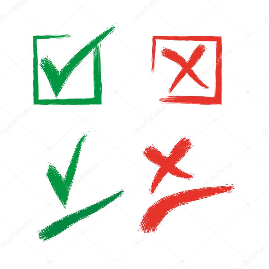 Set of check mark and cross in round, square symbol. Vote yes, no. Hand drawn grunge watercolor painting in red and green on white background. Vector illustration for design of questionnaire.