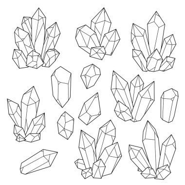 Crystals, Crystals, gems, minerals, set of vector line icons and drawings, monochrome icons clipart