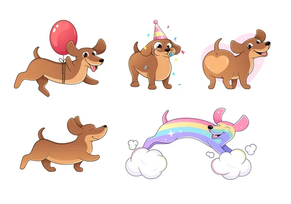 Dachshund Σετ Εικονογραφήσεων Ενός Χαρούμενου Αστείου Σκύλου Πάρτι Κάρτα Γενεθλίων — Διανυσματικό Αρχείο
