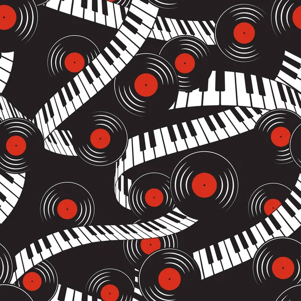 Piano Keyboard Vinyl Records Music Seamless Pattern Background —  Vetores de Stock