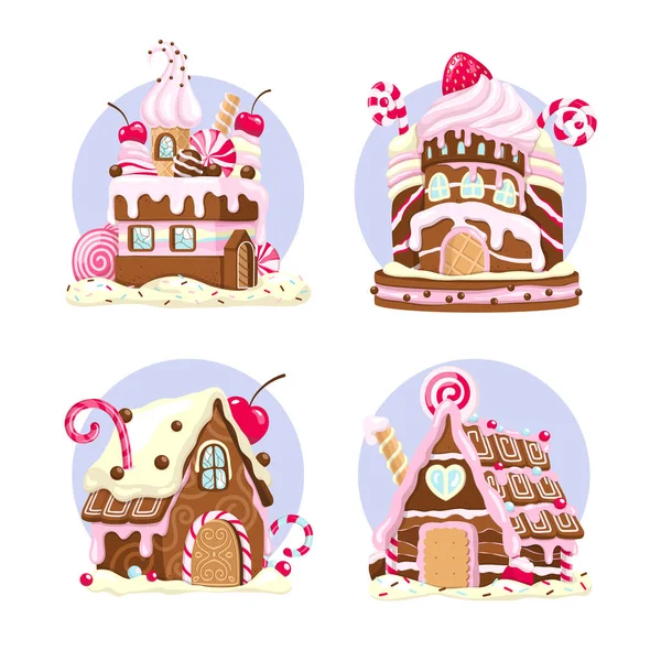 Candy Houses Set Sweet Biscuit Cake Houses Vector Illustration Stock Vector