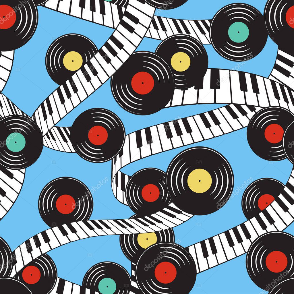 Piano keyboard, vinyl records, music seamless pattern, background