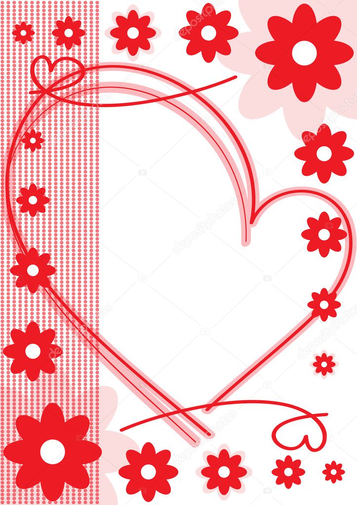 Holiday card of red flowers and hearts