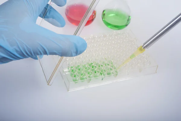 Laboratório de pesquisa bioquímica, usando placas de 96 poços — Fotografia de Stock