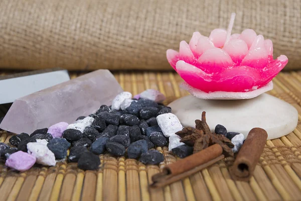 Candle, bell and  aromatherapy. Mat to Zen practice. — Stock Photo, Image