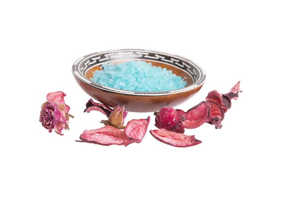 Bath salt in bowl with pink rose — Stock Photo, Image