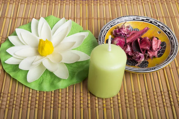 Spa and wellness setting  with natural rosebuds, sea salt and towel — Stock Photo, Image