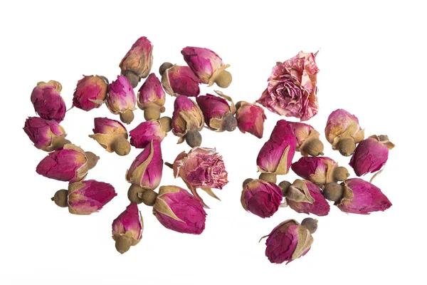 Brotes secos de flor de rosa para el té en blanco — Foto de Stock