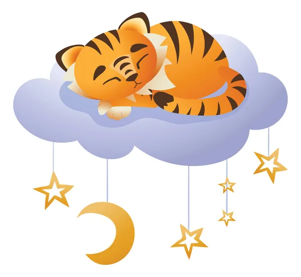Simpatico Cucciolo Tigre Dorme Abbracciando Una Nuvola 2022 Mascotte Isolato — Vettoriale Stock