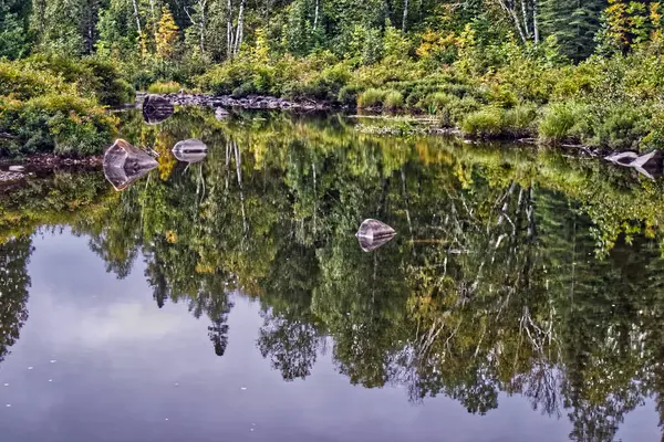 Perfeitamente Ainda Reflexão Pela Água Rio Baía Trovão Canadá — Fotografia de Stock