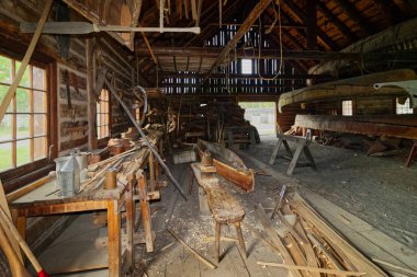 Traditional wood working tools to build and fix canoes, Fort William, Thunder Bay, Ontario, Canada