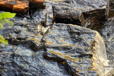 Uzun pozlar kayadaki yosunları altın olarak yakalar - Trowbridge Şelaleleri, Thunder Körfezi, On, Kanada