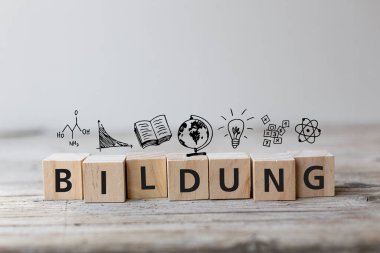 Eğitim stratejisi kavramı. Bildung konuşma baloncuklarıyla ahşap küplerde konuşuyor..