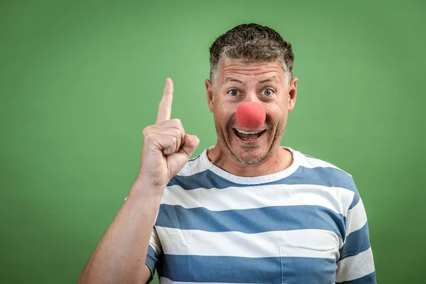 Man Red Clown Nose Gray Hair Blue White Striped Shirt — Stock Photo, Image