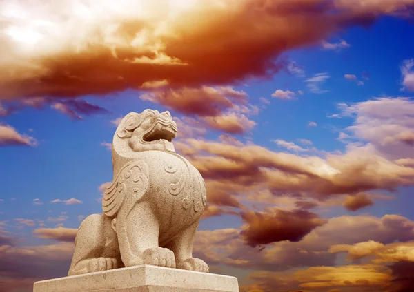 石雕狮子雕塑，象征着保护 & 在东方亚洲尤其是中国的力量 — 图库照片