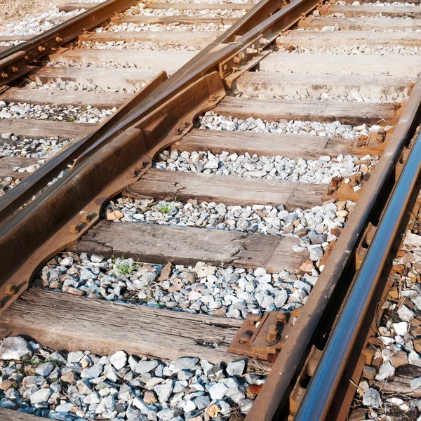 Stock Photo: Railway in fog on station, outdoor landscape — Stock Photo, Image