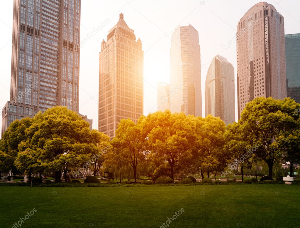 Park and modern building in Shanghai, China