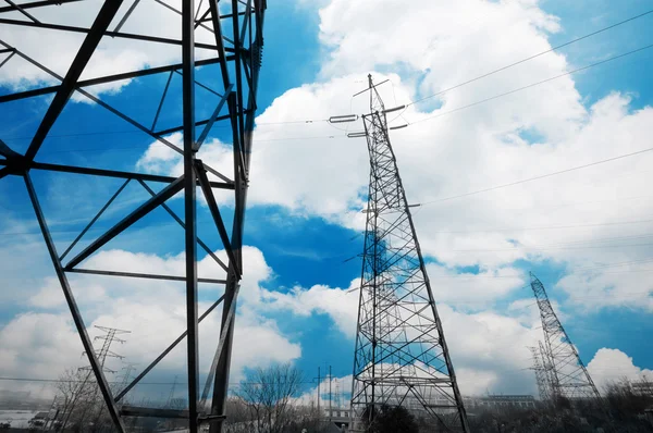 High-voltage tower sky background — Stock Photo, Image