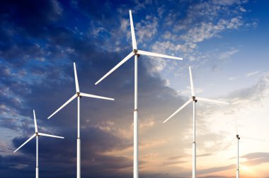 Yeşil yenilenebilir enerji kavramı - Gökyüzünde rüzgar jeneratörü türbinleri