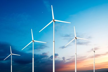 Yeşil yenilenebilir enerji kavramı - Gökyüzünde rüzgar jeneratörü türbinleri