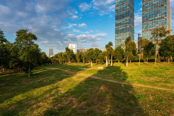 Park Miejski Nowoczesnym Tłem Budynku Szanghaju — Zdjęcie stockowe