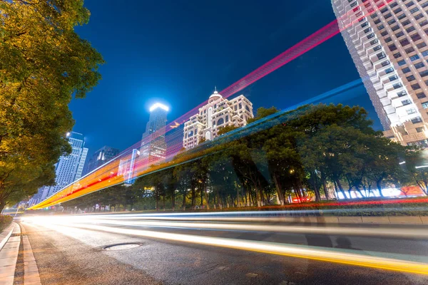 Light Trails Modern Building Background Shanghai China — Stock Photo, Image