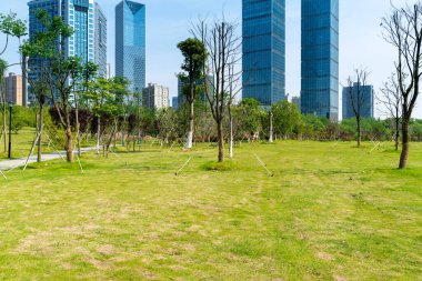 Şangay 'da modern bina geçmişi olan şehir parkı.