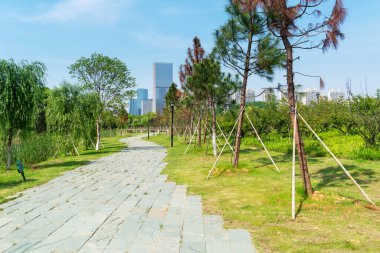 Şangay 'da modern bina geçmişi olan şehir parkı.