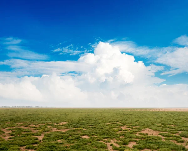 Gröna Ängar Med Blå Himmel Och Moln Bakgrund — Stockfoto