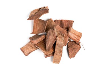 Beyaz arka planda kuru arjun chal veya Terminalia arjuna ayurvedic bitki