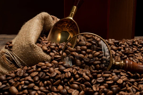Gebrande koffie met gouden emmer bonen en een zak — Stockfoto