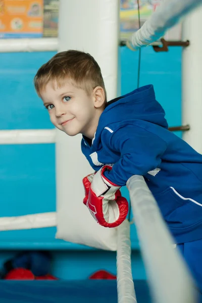 Menino pequeno no ringue de boxe — Fotografia de Stock