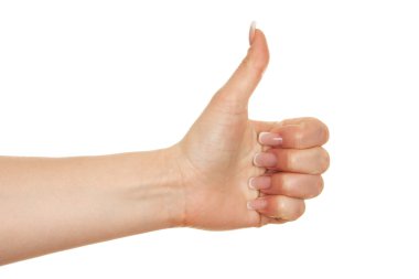 kadın eli beyaz zemin üzerine başparmak yapıyor.