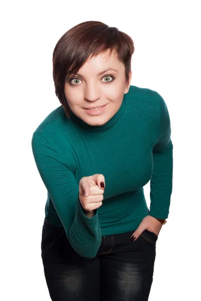 Эмоциональная девушка в зеленом свитере — стоковое фото
